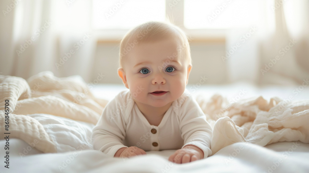 An adorable baby with big blue eyes lies on his stomach and tries to crawl on a soft blanket in a bright room, dressed in a white onesie, creating a cozy and serene atmosphere. An adorable baby with big blue eyes lies on his stomach and tries to crawl on a soft blanket in a bright room, dressed in a white onesie, creating a cozy and serene atmosphere.