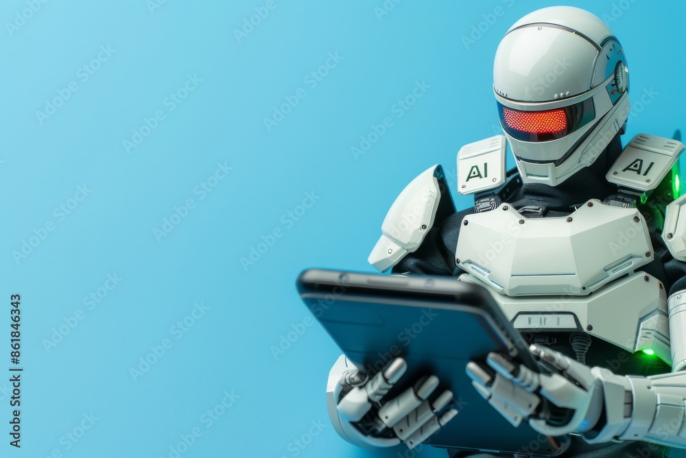 Advanced AI Robot with Digital Tablet, Representing Human Machine Interaction and High Tech Innovation Advanced AI Robot with Digital Tablet, Representing Human Machine Interaction and High Tech Innovation