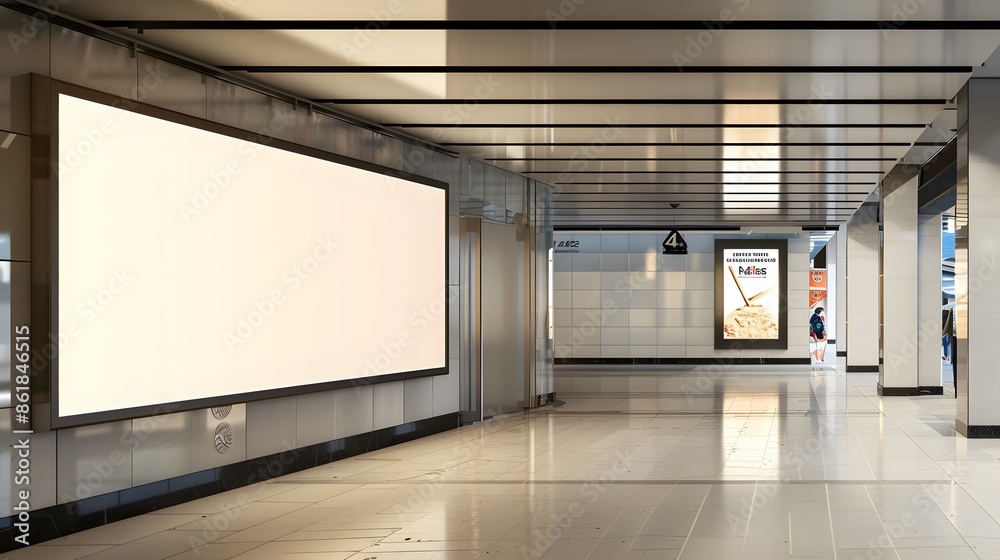 Obraz premium Blank billboard advertising panel mockup in underground hall. Empty space for ad mock up in subway, metro station. Concept of marketing, advertisement, promotion, commercial