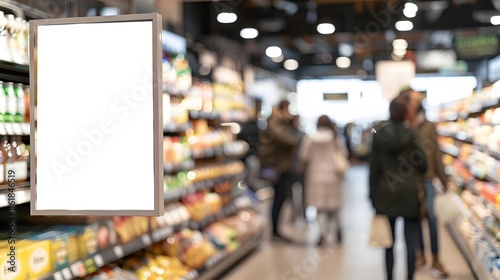 Blank digital signage mockup in supermarket aisle with blurred background of shoppers, ideal for advertisement and promotion