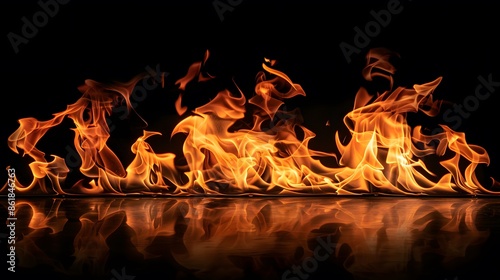 Fire flames with reflection on black background. Burning fire flames against dark background.