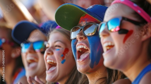 Enthusiastic Softball Fans with Painted Faces Cheering in Team Colors at Live Game