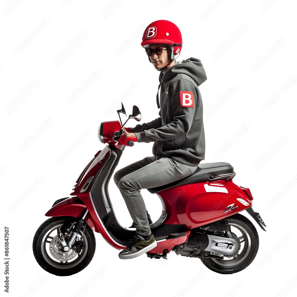 A man on scooter with red helmet and hat A man on scooter with red helmet and hat