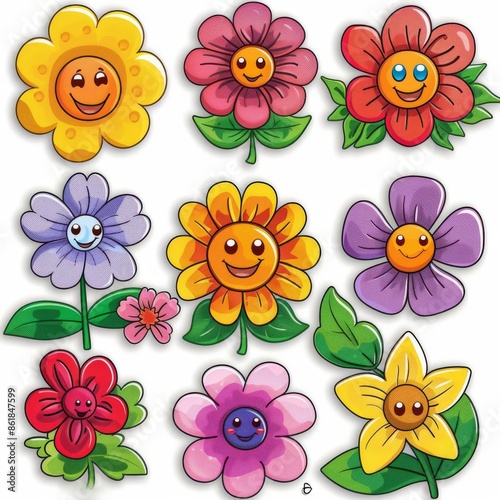 Adorable chibistyle flower clip art collection, each bloom with playful faces and vibrant colors photo