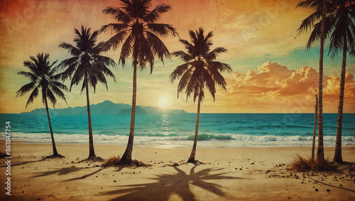Artistic abstract summer collage palm trees beach scenery in sunset hues vintage charm vibrant tropical textures