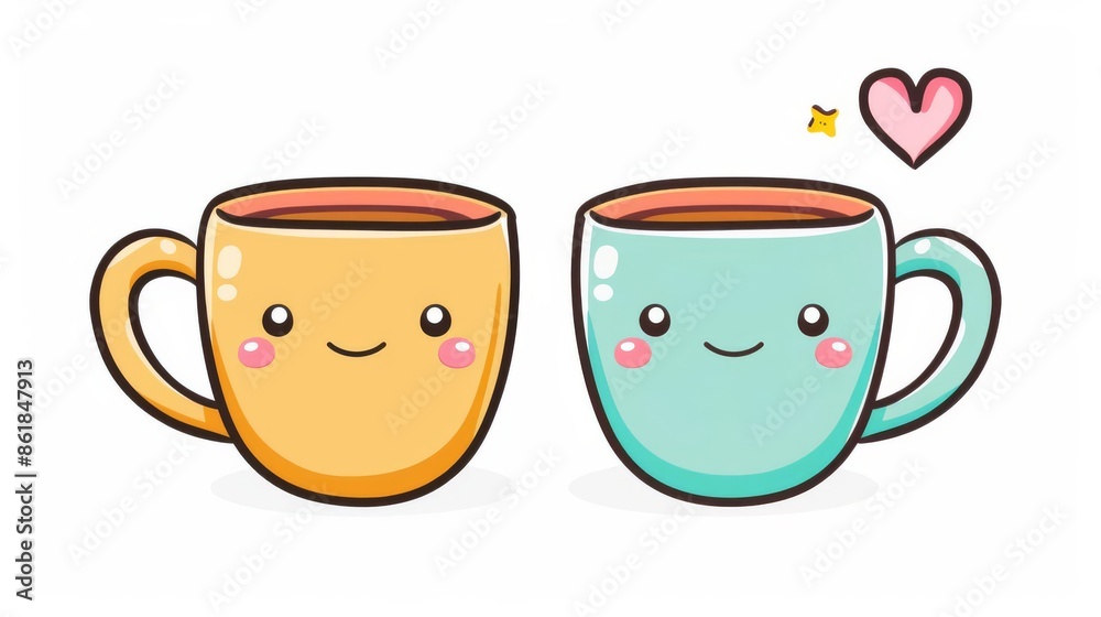 Cute and colorful kawaii coffee cup clip art, no shadows, simple flat color design on a white background Cute and colorful kawaii coffee cup clip art, no shadows, simple flat color design on a white background