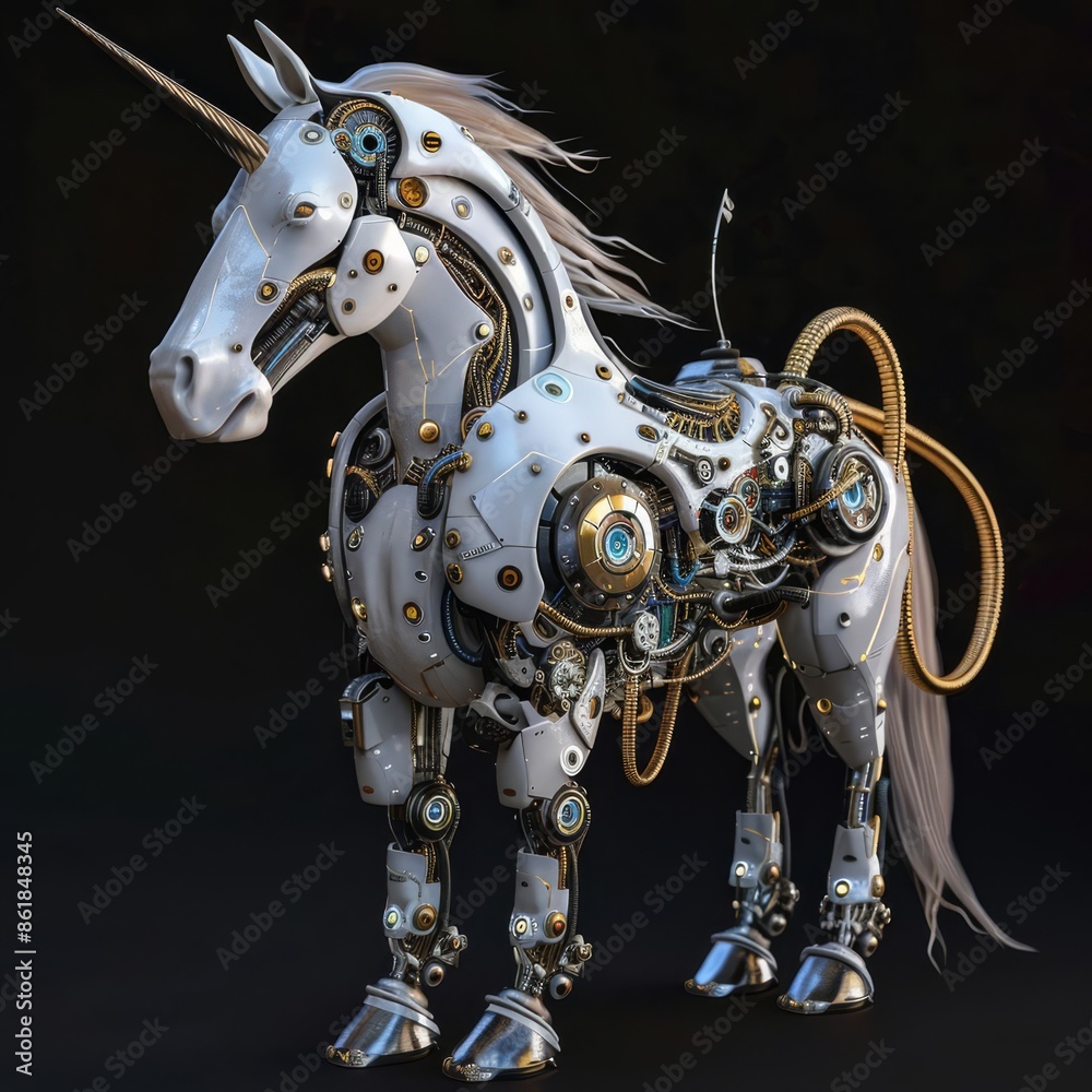 A steampunk unicorn made of metal and gears. The unicorn is standing on a dark background. The unicorn is white and gold. A steampunk unicorn made of metal and gears. The unicorn is standing on a dark background. The unicorn is white and gold.