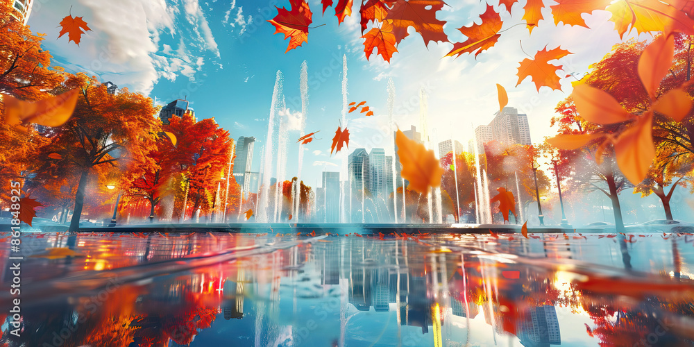 Obraz premium The vivid hues of autumn leaves dance across the sky, reflecting off the shiny surface of a city park fountain