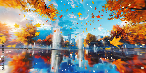 The vivid hues of autumn leaves dance across the sky, reflecting off the shiny surface of a city park fountain photo