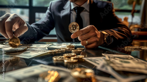Rich man, the boss, sits at a table strewn with cash money, holding a gold bar and a bitcoin coin, symbolizing financial prowess and wealth in the cryptocurrency market or online trading