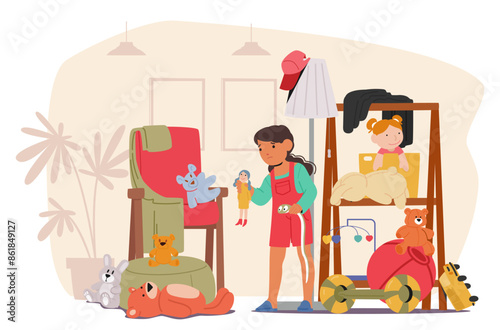 Children Cleaning A Messy Room Filled With Toys, Clothes, And Various Items. Kids Organizing And Tidying Up The Space