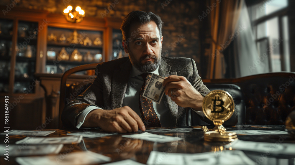 Rich man, the boss, sits at a table strewn with cash money, holding a gold bar and a bitcoin coin, symbolizing financial prowess and wealth in the cryptocurrency market or online trading Rich man, the boss, sits at a table strewn with cash money, holding a gold bar and a bitcoin coin, symbolizing financial prowess and wealth in the cryptocurrency market or online trading