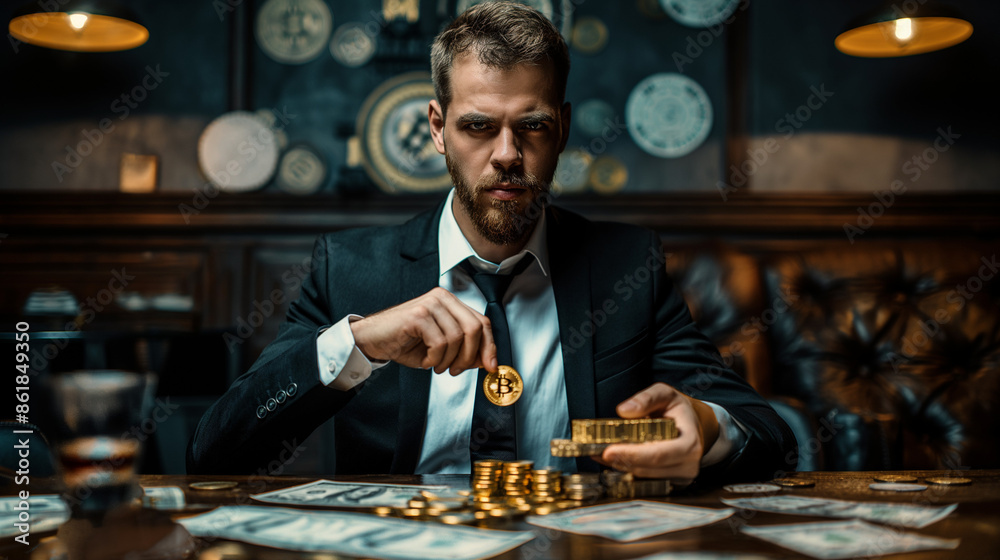 Rich man, the boss, sits at a table strewn with cash money, holding a gold bar and a bitcoin coin, symbolizing financial prowess and wealth in the cryptocurrency market or online trading Rich man, the boss, sits at a table strewn with cash money, holding a gold bar and a bitcoin coin, symbolizing financial prowess and wealth in the cryptocurrency market or online trading