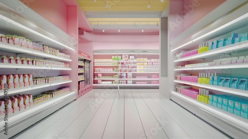 Aisle in a modern supermarket with shelves full of goods in pink and white interior. Concept of shopping, retail, consumerism, products, and abundance. © XtzStudio