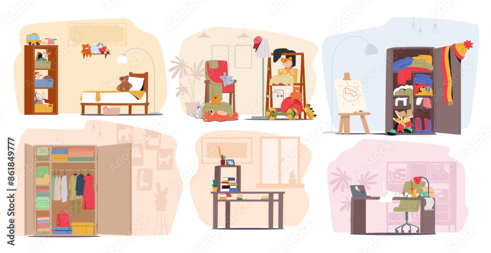 Six Different Children Rooms. Cartoon Vector Toy-filled Bedroom, Cozy Reading Nook, Art Corner With A Wardrobe