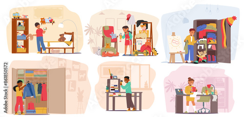 Children Character Tidying And Organizing Their Rooms. Cartoon Image Shows Kids Cleaning Up, Arranging Clothes