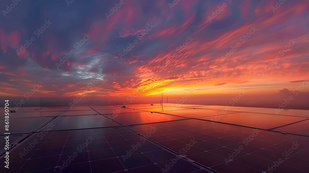 Solar panel farm at sunset with vibrant sky. Renewable energy, sustainability, and clean energy concept. Solar panel farm at sunset with vibrant sky. Renewable energy, sustainability, and clean energy concept.
