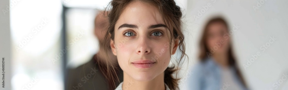 Hilarious manager looking at camera. Colleagues standing behind her. Portrait Hilarious manager looking at camera. Colleagues standing behind her. Portrait