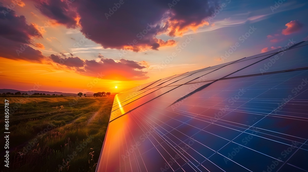 Fototapeta premium Solar panel farm at sunset. Concepts. renewable energy, green energy, sustainability, clean energy, solar power, environment