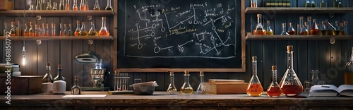 Science blackboard with math. Real physical equations of relativity theory, string theory and quantum mechanics. AI generated illustration