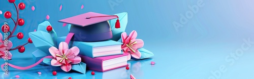 A mortarboard and graduation scroll, tied with red ribbon, on a stack of books. AI generated illustration photo