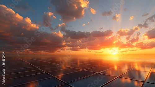 Sunset reflection on solar panels. Concept of renewable energy, sustainability, clean power, and environment.