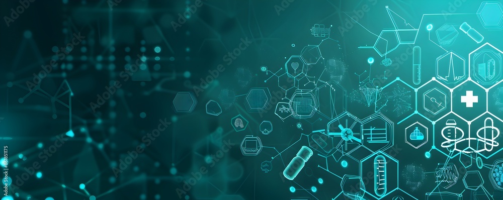 Obraz premium turquoise background with medical icons and hexagons, vector illustration for banner design of a modern health care technology concept in digital medicine research, futuristic healthcare or other