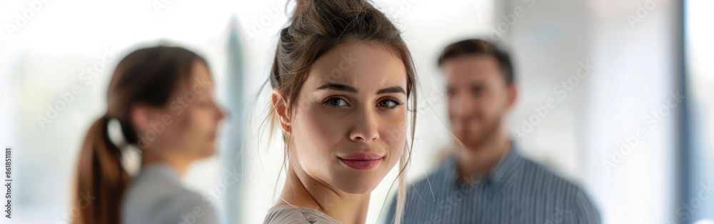 Hilarious manager looking at camera. Colleagues standing behind her. Portrait Hilarious manager looking at camera. Colleagues standing behind her. Portrait