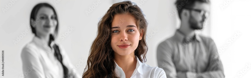 Hilarious manager looking at camera. Colleagues standing behind her. Portrait
