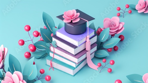 A mortarboard and graduation scroll, tied with red ribbon, on a stack of books. AI generated illustration photo