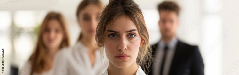 Hilarious manager looking at camera. Colleagues standing behind her. Portrait Hilarious manager looking at camera. Colleagues standing behind her. Portrait