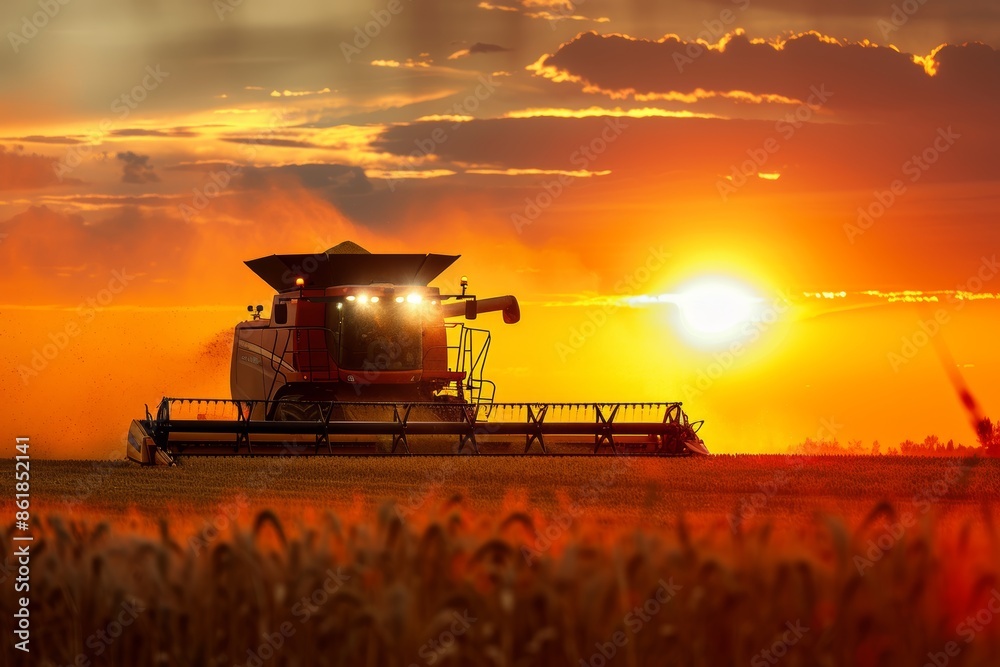 Fototapeta premium Combine Harvester Working Late Evening with Sunset Background - Agricultural Scenic View