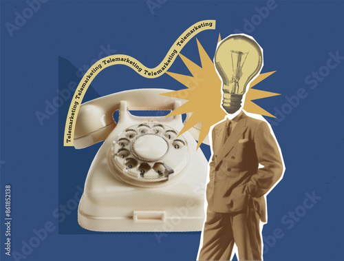 A confident and successful salesperson stands by the phone. Scrapbooking collage poster or banner. Telemarketing concept. Telesales via phone call. Contemporary halftone in a futurism style.