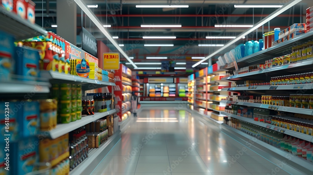 Brightly lit supermarket aisle stocked with variety of food and drinks. Concept of grocery shopping, retail, consumerism, and abundance. Brightly lit supermarket aisle stocked with variety of food and drinks. Concept of grocery shopping, retail, consumerism, and abundance.