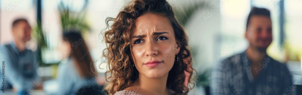 Hilarious manager looking at camera. Colleagues standing behind her. Portrait Hilarious manager looking at camera. Colleagues standing behind her. Portrait