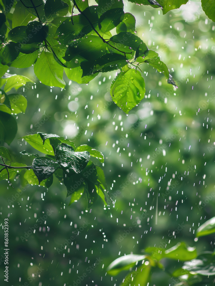 Rain-drenched leaves in a lush green forest. Wellness content, nature blogs, and environmental campaigns Rain-drenched leaves in a lush green forest. Wellness content, nature blogs, and environmental campaigns