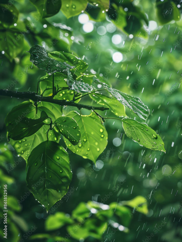 Rain-drenched leaves in a lush green forest. Wellness content, nature blogs, and environmental campaigns Rain-drenched leaves in a lush green forest. Wellness content, nature blogs, and environmental campaigns