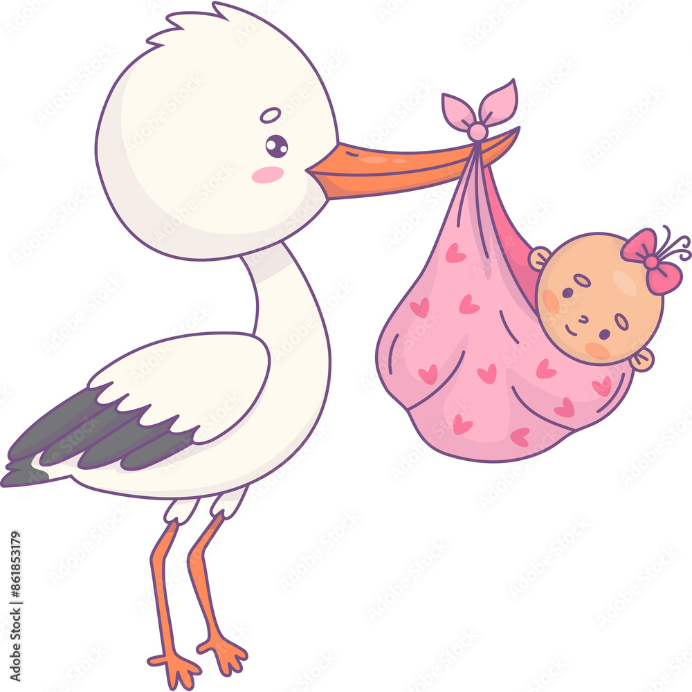 Stork with newborn baby girl. Funny cartoon bird kawaii Stork with newborn baby girl. Funny cartoon bird kawaii