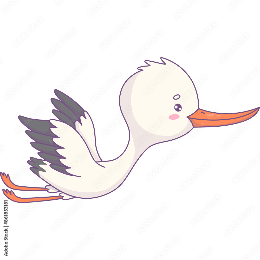 Obraz premium Cute flying Stork. Funny cartoon bird kawaii