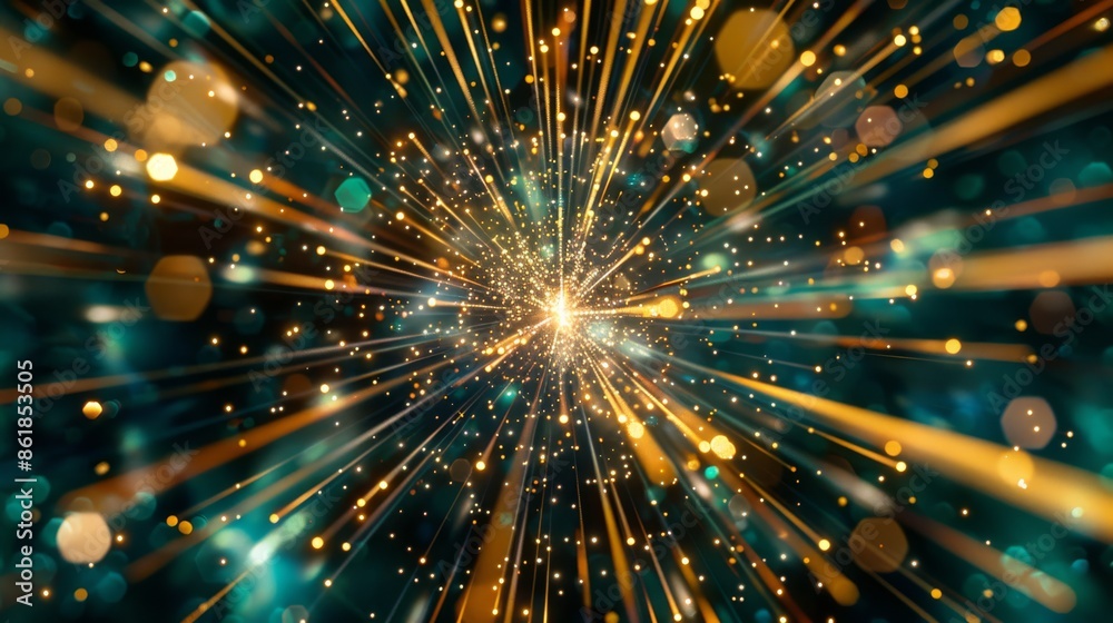 Naklejka premium Abstract animation of golden sparkles radiating from a central point, creating a dynamic and vibrant effect.