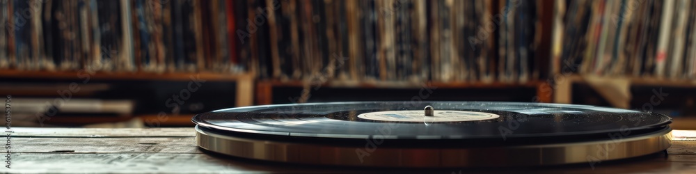 Obraz premium A record player sits on a wooden table next to a stack of books. The record player is black and has a white label. The books are arranged in a row, with some of them being larger than others.