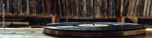 A record player sits on a wooden table next to a stack of books. The record player is black and has a white label. The books are arranged in a row, with some of them being larger than others. 