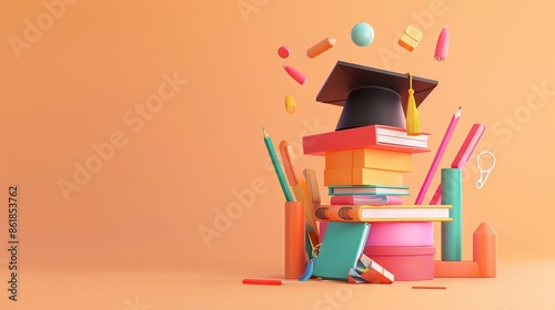 concept of obtaining higher education. stack of books and graduate cap on a blue background. 3d render. illustration. AI generated illustration photo