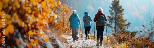 Senior people doing nordic walking outdoors