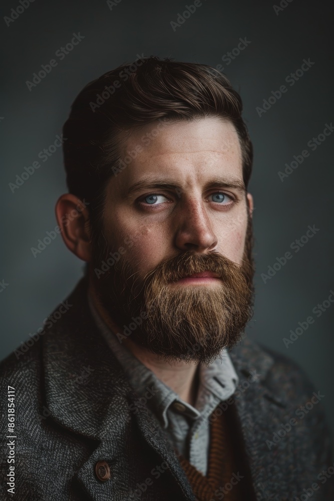 Fototapeta premium Professional Portrait of a Bearded Man in Elegant Blazer, Emphasizing Well-Groomed Beard
