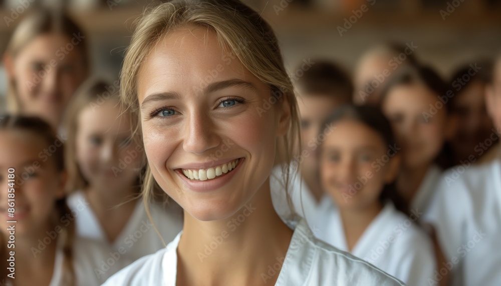 Fototapeta premium A happy young teacher with blonde hair and a white shirt smiles warmly in the foreground while surrounded by a diverse group of students, indicating warmth and community in a classroom setting.