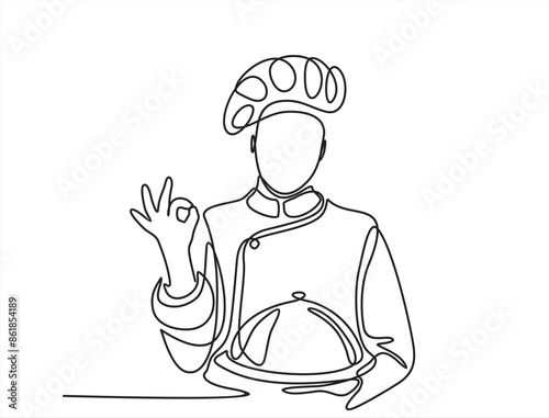 continuous one line drawing of chef give tasting good gesture while serving main dish at restaurant.showing   ok sign Delicious food taste trendy one line hand drawn vector illustration minimalism 