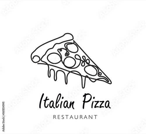 Continuous one line drawing of Piece of pizza for restaurant logo badge. Italian pizzeria logotype template concept isolated on white background. Trendy single line draw design with quote template.