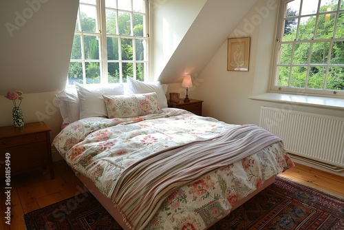 Generous double bedroom with large sash windows and high ceilings.