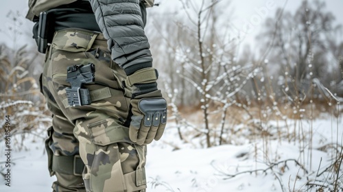 A close-up image of a person wearing camouflage pants and gloves standing in a snowy forest